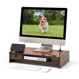 Wood Monitor Stand Riser; Desktop Organizer with One Drawer Storage; Walnut Monitor Stand for Computer Laptop