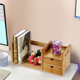 Free shipping  Bamboo Wood Extendable Desk Tabletop Book Rack Bookshelves Bookcase Organizer with 2 Drawer  YJ