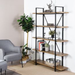 5-Tier Industrial Bookcase With Rustic Wood And Metal Frame; Large Open Bookshelf For Living Room