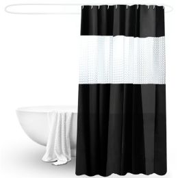 Splicing Translucent Waterproof Mildew Proof Bathroom Bath Shower Partition Curtain (Color: black)