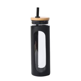 Glass Water Tumble Straw Silicone Bamboo Lids Iced Coffee Cup Bottle Reusable (Capacity: 590ML, Color: black)