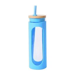 Glass Water Tumble Straw Silicone Bamboo Lids Iced Coffee Cup Bottle Reusable (Capacity: 590ML, Color: Blue)