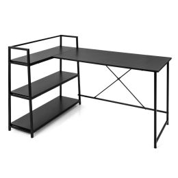 Bedroom L Shaped Computer Desk Corner Workstation W/3-Tier Open Shelf (Color: black)