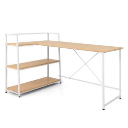 Bedroom L Shaped Computer Desk Corner Workstation W/3-Tier Open Shelf (Color: Natural)