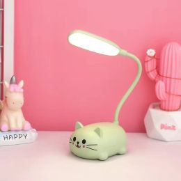 1pc Adjustable Table Lamp; Cartoon Cute Cat Night Light; USB Rechargeable LED Table Light; Child Eye Protection Warm White Desk Lamp (Color: Green)