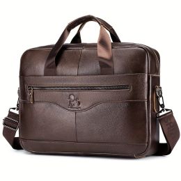 1pc Men's Briefcase, Genuine Leather Men's Bag, Official Bag, 15 Inch Computer Bag, Men's Portable Shoulder Business Bag (Color: black)