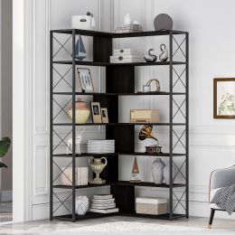 7-Tier Bookcase Home Office Bookshelf, L-Shaped Corner Bookcase with Metal Frame, Industrial Style Shelf with Open Storage, MDF Board (Color: as Pic)