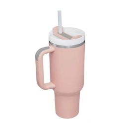 Mug Tumbler with Handle Insulated Tumbler with Lids Straw Stainless Steel Coffee Cups with Adjustable Strap Water Bottle Pouch (Color: Light pink cup)