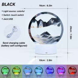 2023 Creative 3D Moving Sand Art Night Light Quicksand Painting Table Lamp LED Lights Hourglass Christmas Gift Home Office Decor (Ships From: CN, Emitting Color: Black)