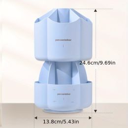 Office Desk 360 ° Rotating Double Layer Pen Holder Stationery Storage Box School Large Capacity Multifunctional Creative Pen Holder (Color: Double-Blue)