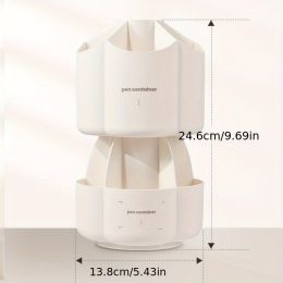 Office Desk 360 ° Rotating Double Layer Pen Holder Stationery Storage Box School Large Capacity Multifunctional Creative Pen Holder (Color: Double-white)