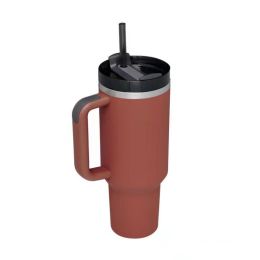 Mug Tumbler with Handle Insulated Tumbler with Lids Straw Stainless Steel Coffee Cups with Adjustable Strap Water Bottle Pouch (Color: Rust cup)